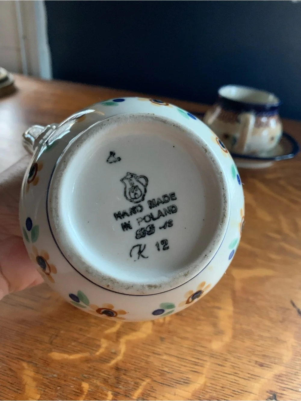 Hand-Painted Floral Ceramic Creamer & Sugar Set in Cream and Blue Polish Pottery